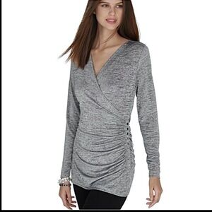 White House Black Market Silver Gray Spacedye Tunic Top Rouched Surplice